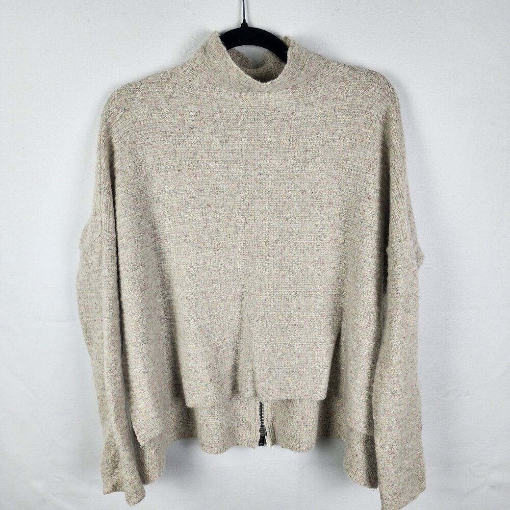 Free People Women Beige Marl Mock Neck Back Zip Oversized Wool Blend Sweater‎ XS